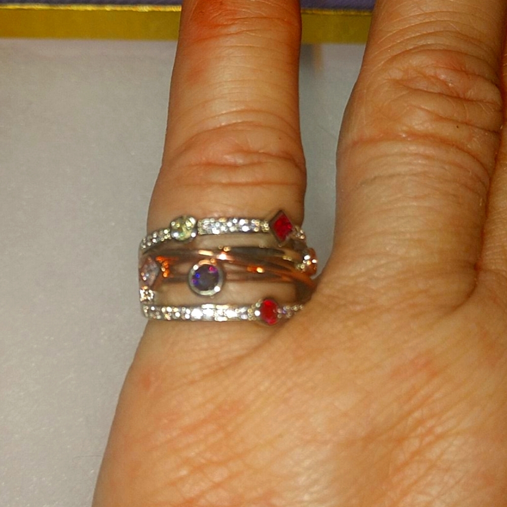 925 Sterling Silver Multi-Colored Rhinestone Ring - image 1